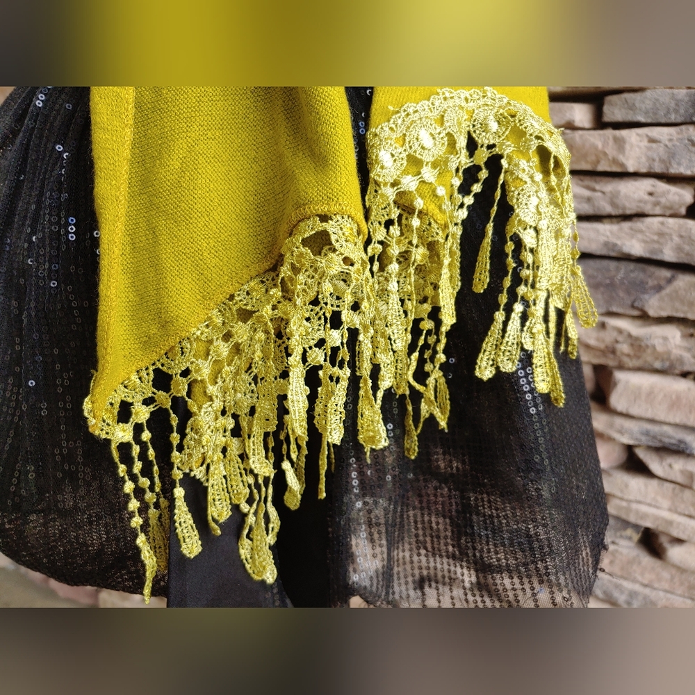 Vintage Floral Bohemian Whimsigoth Mustard Rose Lace Trim Long Scarf | Preppy - Picture 17 of 17